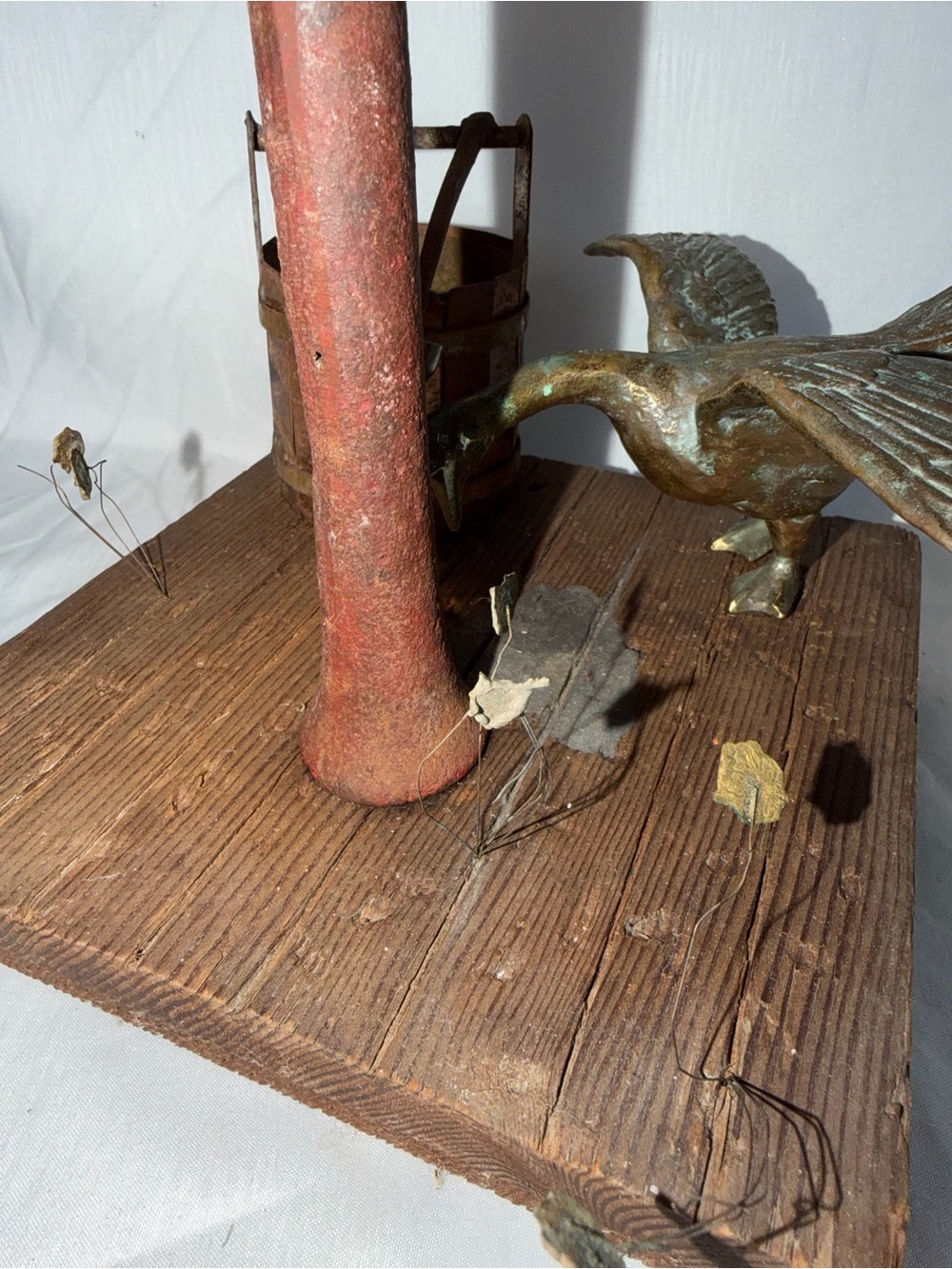 Vintage Cjeré Brass Duck & Cast Iron Water Pump Wooden Diorama Sculpture